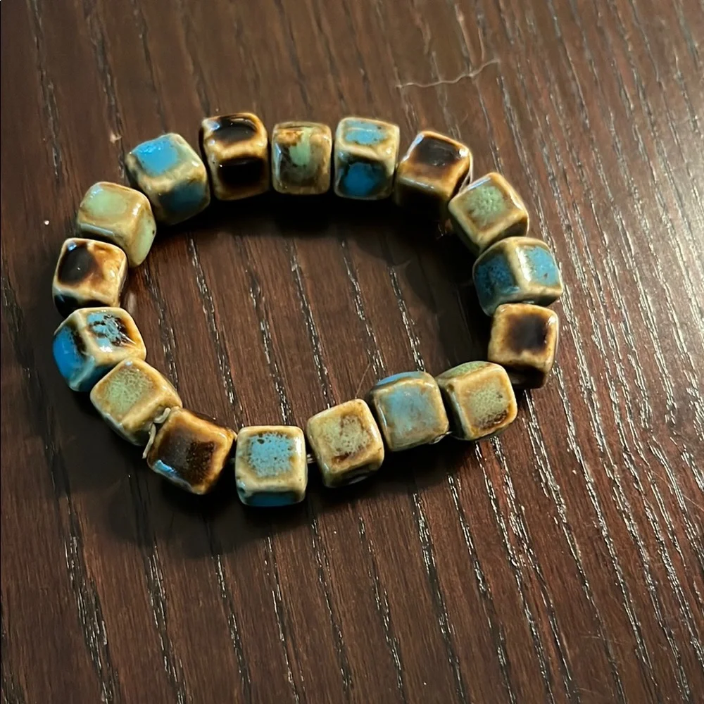 Handcrafted Ceramic Bead Bracelet - Blue and Brown - Picture 1 of 3